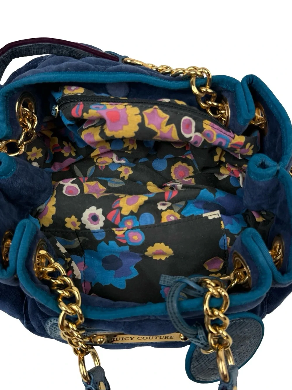 Juicy Couture Navy Quilted Velvet Chain Shoulder Bag Gold Hardware Vintage Blue